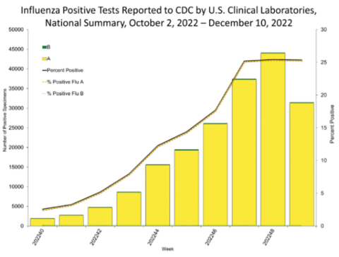 Influenza Positive Tests Reported to CDC by U.S. Clinical Laboratories, national Summary, October 2, 2022 – December 10, 2022