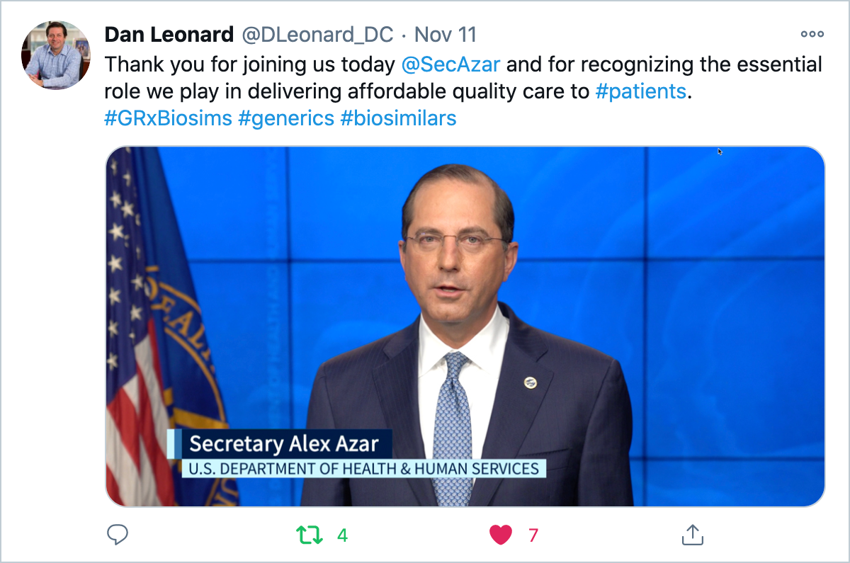 Thank you for joining us today @SecAzar and for recognizing the essential role we play in delivering affordable quality care to #patients. #GRxBiosims #generics #biosimilars