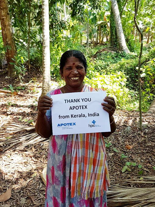 Omanna, a woman living in Kerala, India, with a thank-you message for donated medicines. Kerala was devastated by floods in 2018 and 2019.