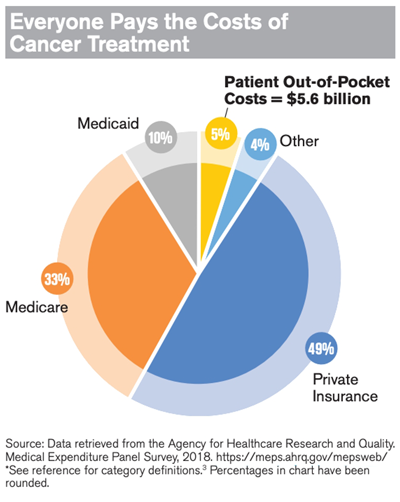 Everyone pays the costs of cancer treatment. Private insurance 49%, Medicare 33%, Medicaid 10%, Patient out-of-pocket costs = $5.6 billion 5%, Other 4%.