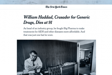 Preview of The New York Times article: William Haddad, Crusader for Generic Drugs, Dies at 91