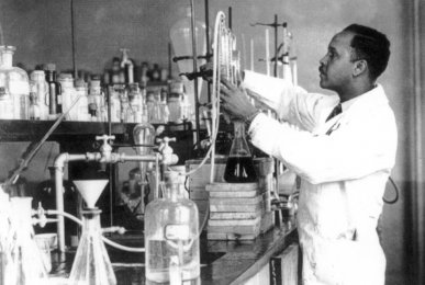 Percy Julian working in a DePauw University lab, ca. 1930.