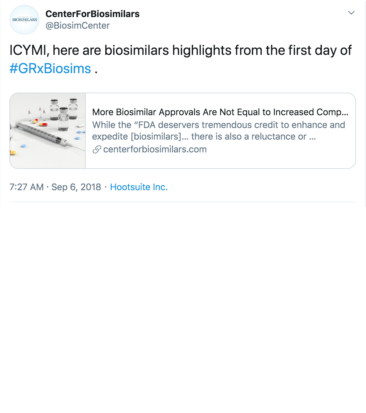 Tweet by Center for Biosimilars