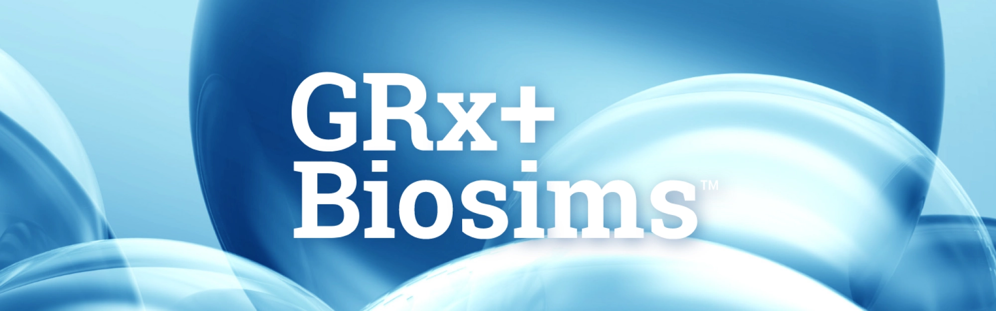 GRx+Biosims 2025 Logo over a stylized blue background