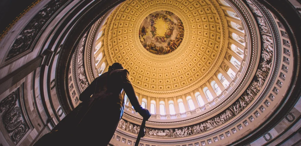 The statue of George Washington taken inside the U.S. Capitol Building Rotunda